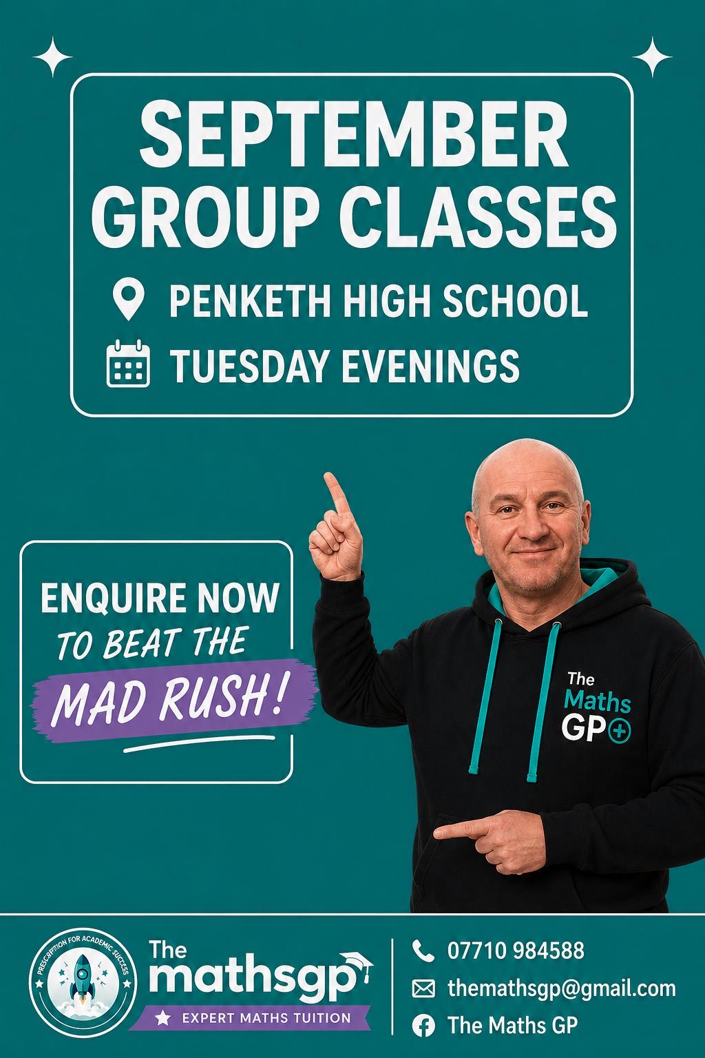 The Maths GP flyer: September group classes at Penketh High School, Tuesday evenings